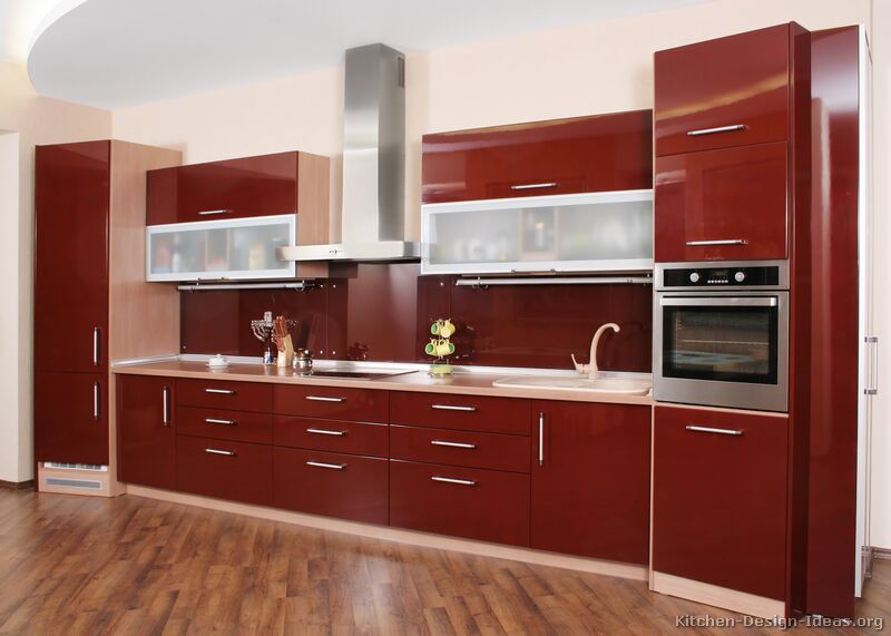 Red Angled Cabinets Wood Floor Design, Latest Designs Of Kitchen Cabinets