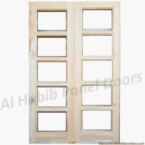 Solid Kail Wood Five Panel Glass Double Door
