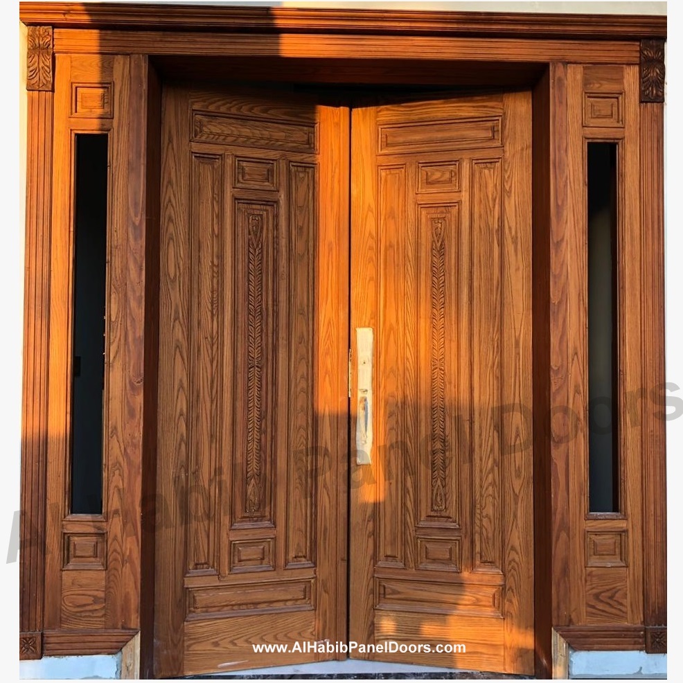 Yellow Pine Wood Main Double Door Design With Carving
